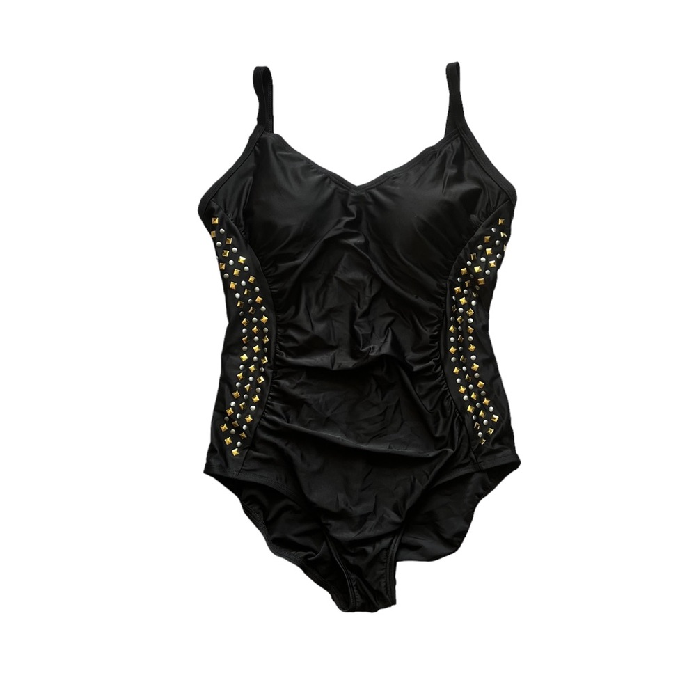 SIMON CHANG Women’s black miracle slimming 1 pc swimsuit. Size 10/12